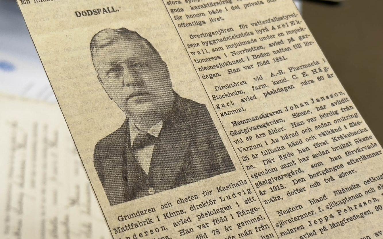 Tidningsartikel om när grundaren och chefen för Kasthalls Mattfabrik i Kinna, Ludvig Andersson avled, påskdagen 1940 i Kinna. Han beskrivs som en ”dugande man”.