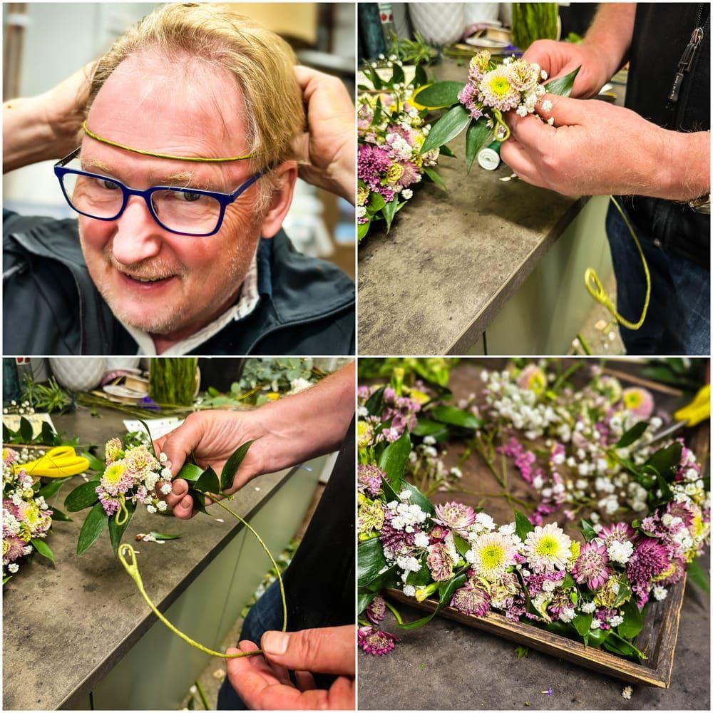 Hans-Olof Andersson på Salvia blommor demonstrerar hur det går till att binda en krans. ”Det är lätt.”