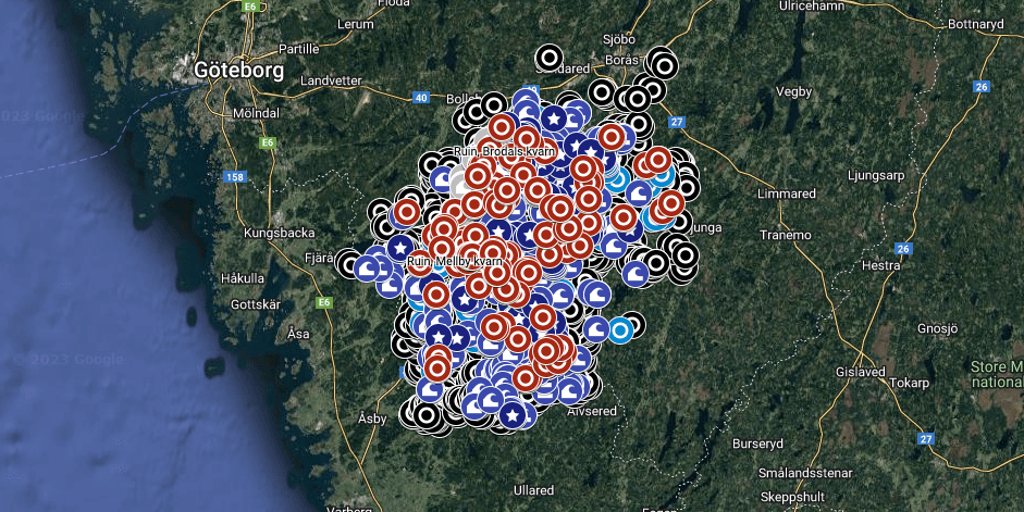 Alla markeringar av gamla ruiner Nicklas Holmqvist gjort runt om i (mestadels) Mark.